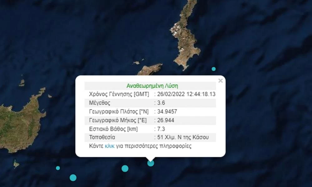 Σεισμός 3,6 βαθμών της κλίμακας Ρίχτερ κοντά στην Κάσο: Ρηχό το εστιακό βάθος